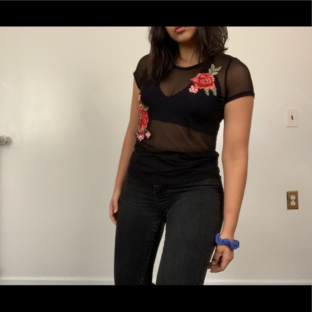Mesh Top with Embroidered Roses